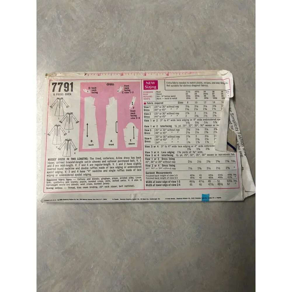 Vintage 1960's Simplicity Pattern #7791 Misses A-Line Dress Size‎ 14